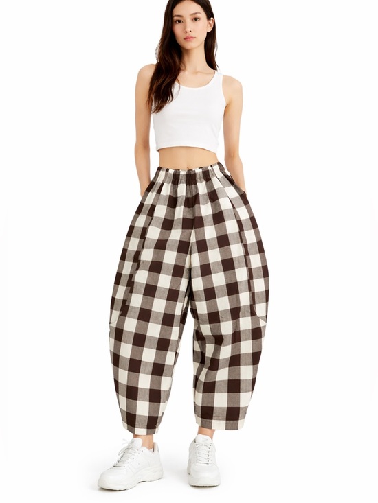 Boutique Pants - S12. Plaid Barrel Wide-Leg Pants with Drawstring in Brown & White cotton